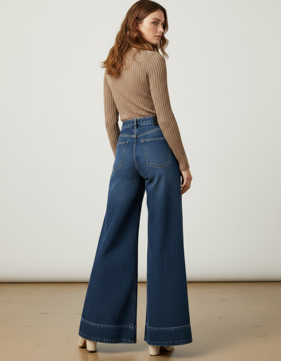 Pantalon Patte D'Éléphant Taille Haute Denim Bleu Ample - Jean - vue 2