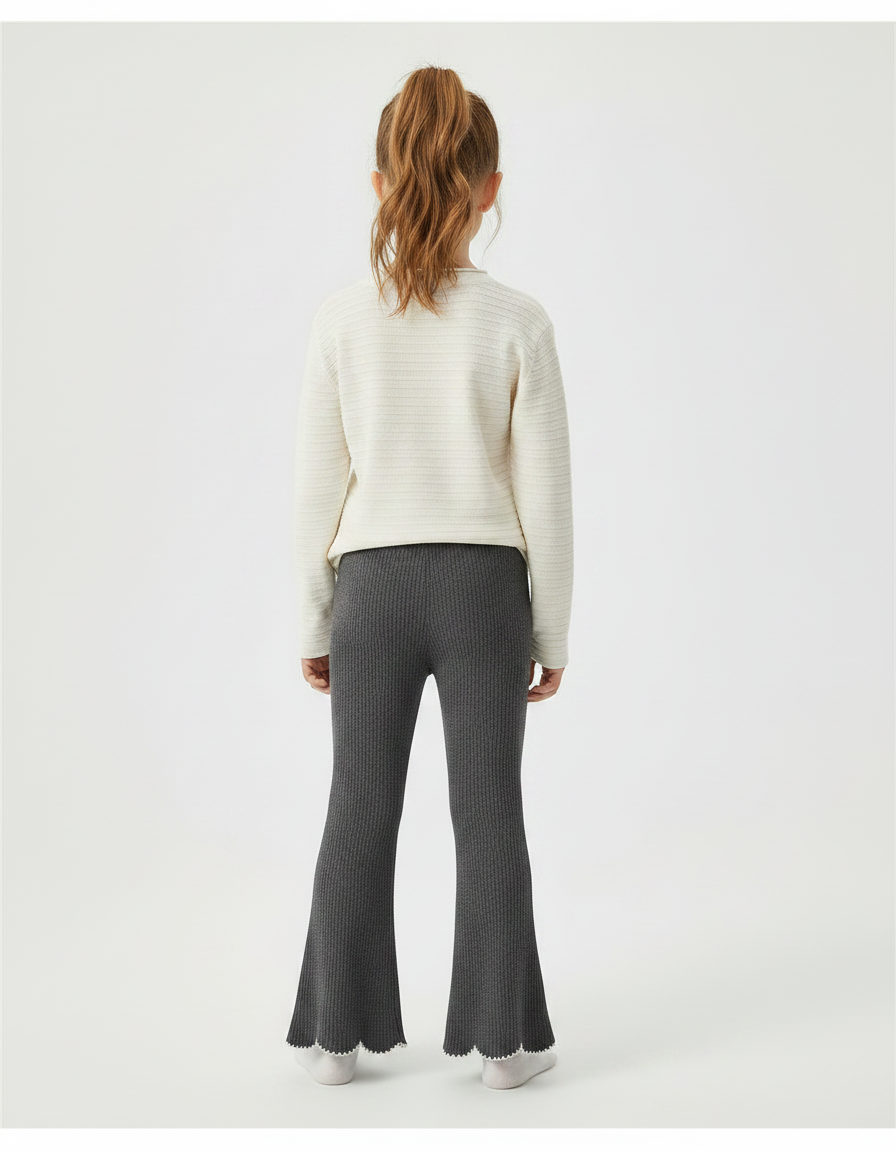 Pantalon Patte D'Éléphant Côtelé Gris Évasé Brodé Enfant - Maille - vue 2