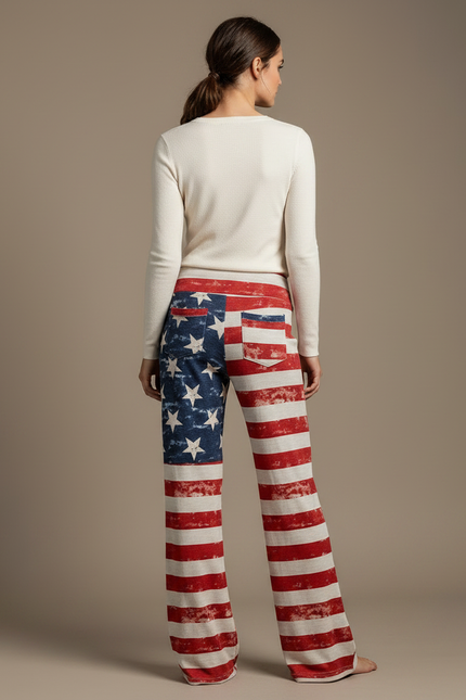 Pantalon Patte D'Éléphant Imprimé Drapeau Américain Décontracté Cordon - Maille - vue 2