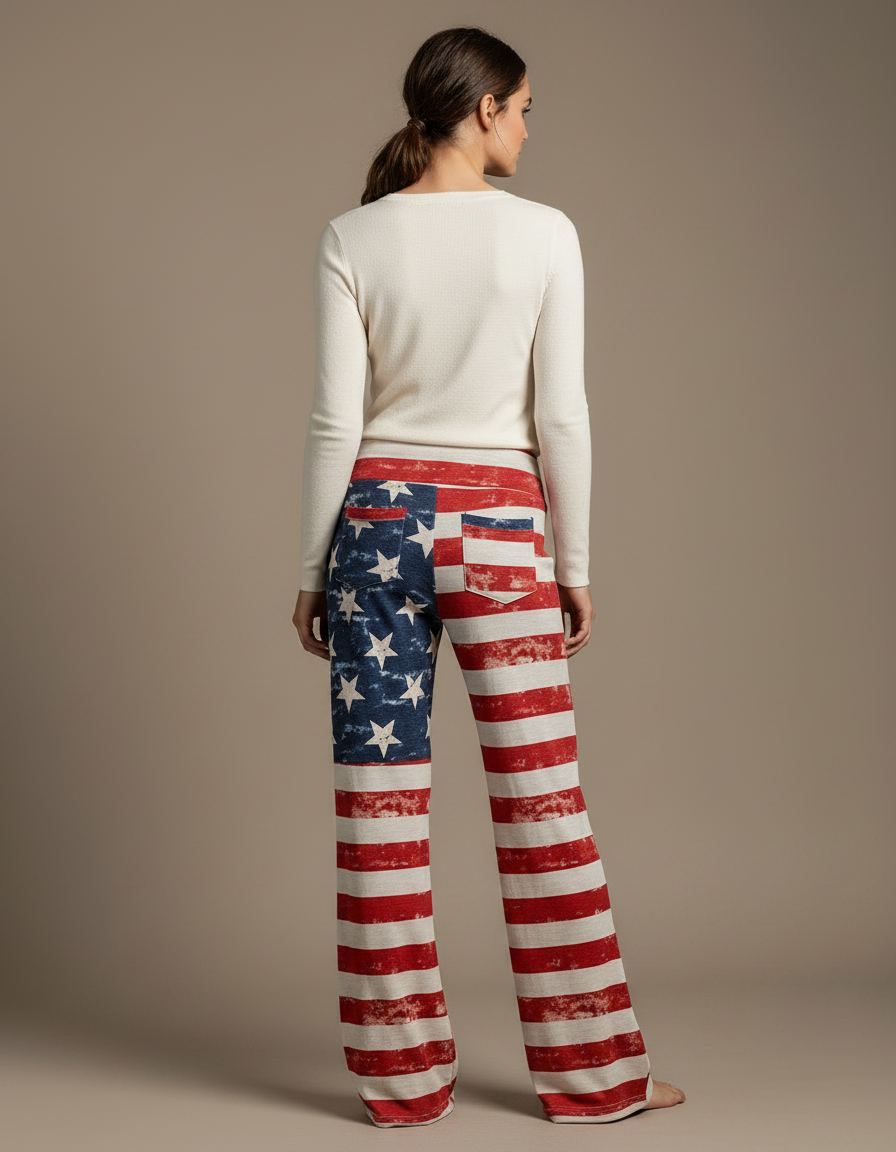 Pantalon Patte D'Éléphant Imprimé Drapeau Américain Décontracté Cordon - Maille - vue 2