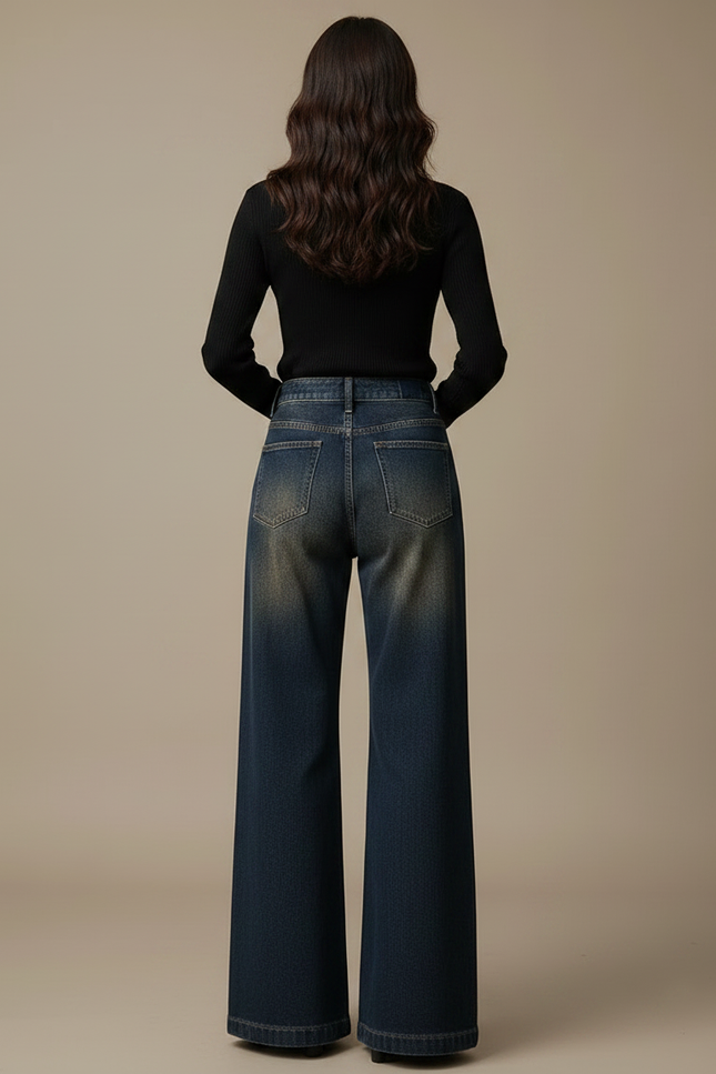Pantalon Patte D'Éléphant Jean Délavé Taille Haute Ample - Bleu - vue 2