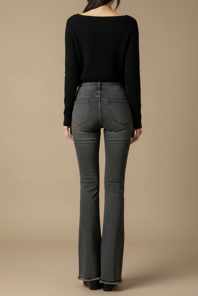 Pantalon Patte D'Éléphant Jean Gris Évasé Taille Haute Effiloché - vue 2