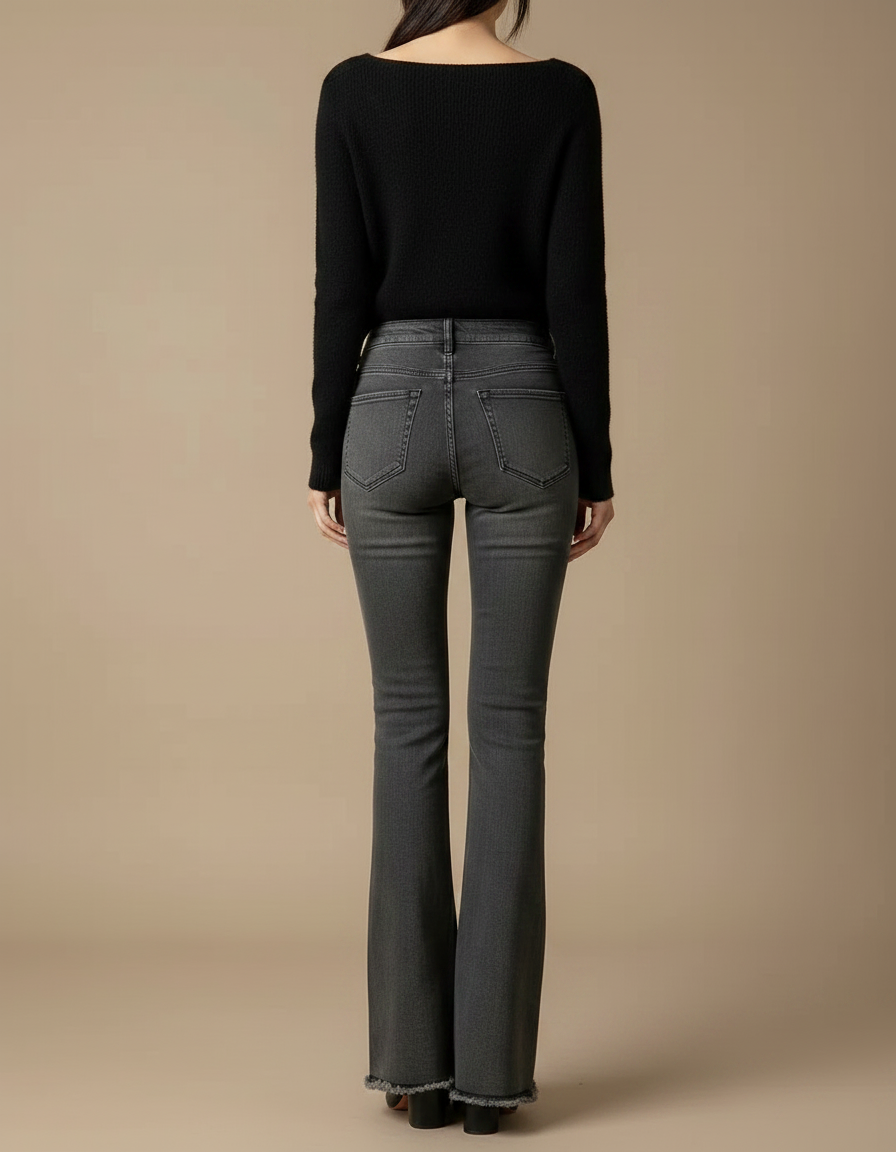 Pantalon Patte D'Éléphant Jean Gris Évasé Taille Haute Effiloché - vue 2