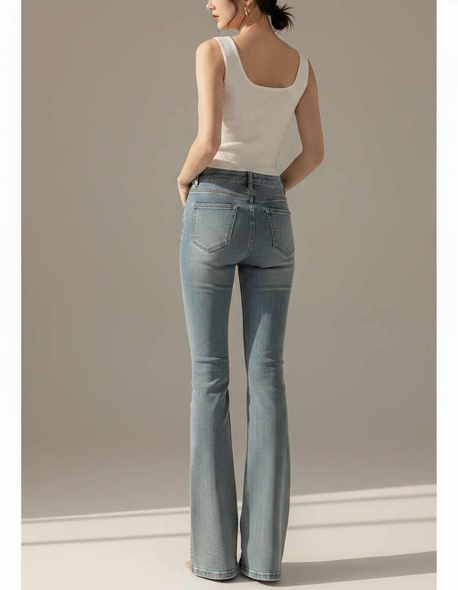 Pantalon Patte D'Éléphant Bleu Denim Taille Haute Évasé Élégant - Jean - vue 2