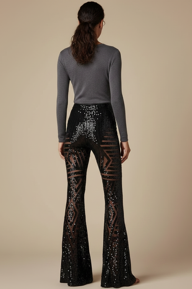 Pantalon Patte D'Éléphant Noir Pailleté Transparent Géométrique Femme - Maille - vue 2