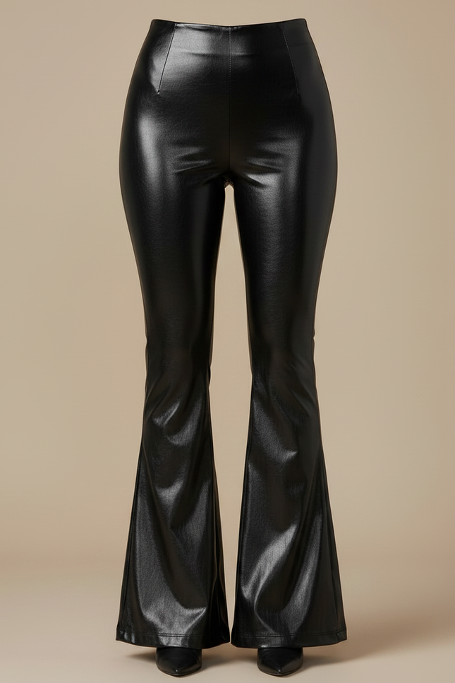 Pantalon Patte D'Éléphant Similicuir Noir Brillant Taille Haute - Simili cuir - vue 3