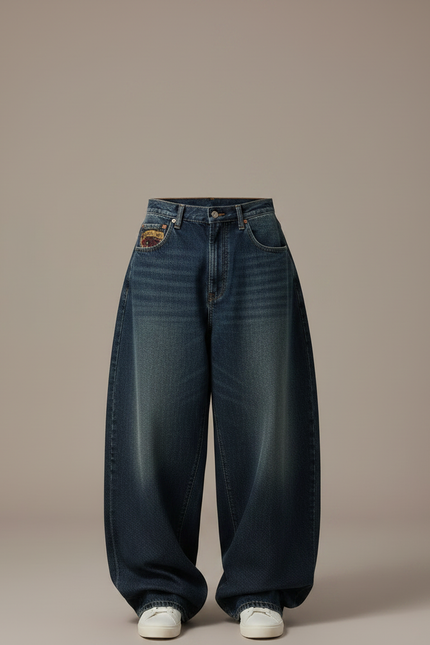 Pantalon Patte D'Éléphant Jean Ample Délavé Brodé Vintage Homme - Bleu - vue 3