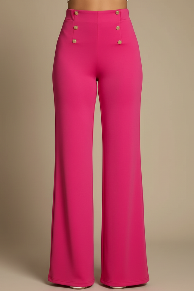 Pantalon Patte D'Éléphant Fuchsia Taille Haute Boutons Dorés Élégant - Rose Polyester - vue 3