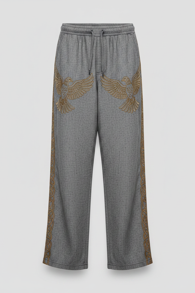 Pantalon Patte D'Éléphant Gris Brodé Ethnique Ample Homme - Lin - vue 3