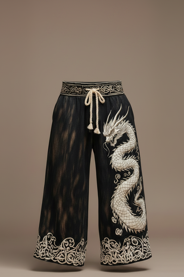 Pantalon Patte D'Éléphant Noir Dragon Brodé Ample Vintage - Jean - vue 3