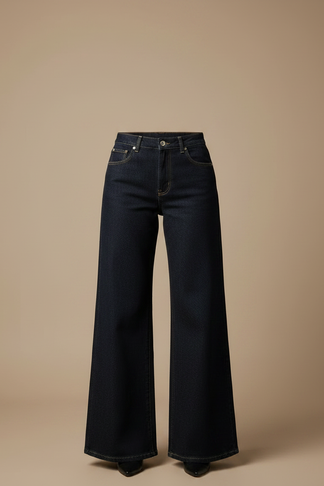Pantalon Patte D'Éléphant Denim Foncé Brodé Floral Taille Haute - Marine Jean - vue 3