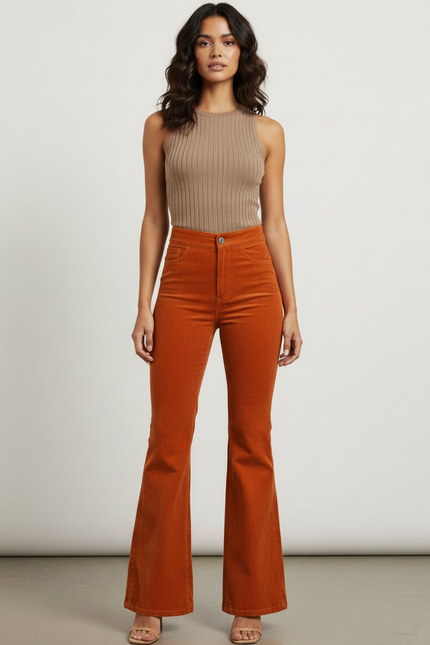 Pantalon Patte D'Éléphant Côtelé Orange Taille Haute Slim Rétro - Cordé - vue 3