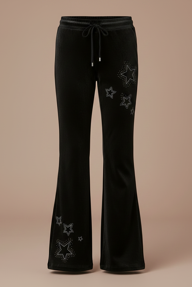 Pantalon Patte D'Éléphant Noir Velours Étoiles Strass Fille - vue 3