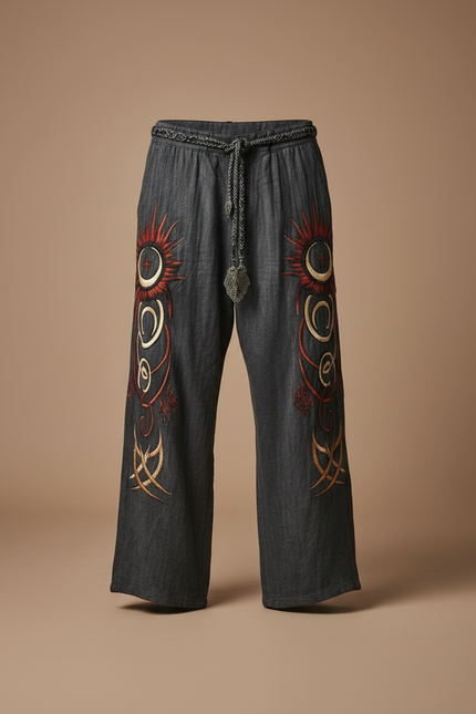 Pantalon Patte D'Éléphant Gris Brodé Ethnique Ample Décontracté - Lin - vue 3