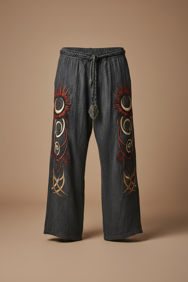 Pantalon Patte D'Éléphant Gris Brodé Ethnique Ample Décontracté - Lin - vue 3