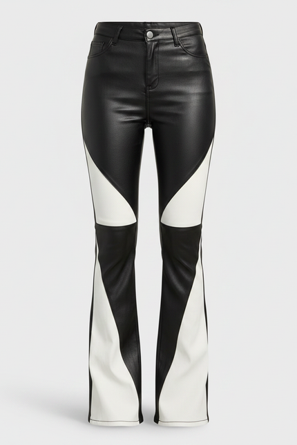 Pantalon Patte D'Éléphant Simili Cuir Noir Blanc Bicolore Évasé - Multicolore - vue 3
