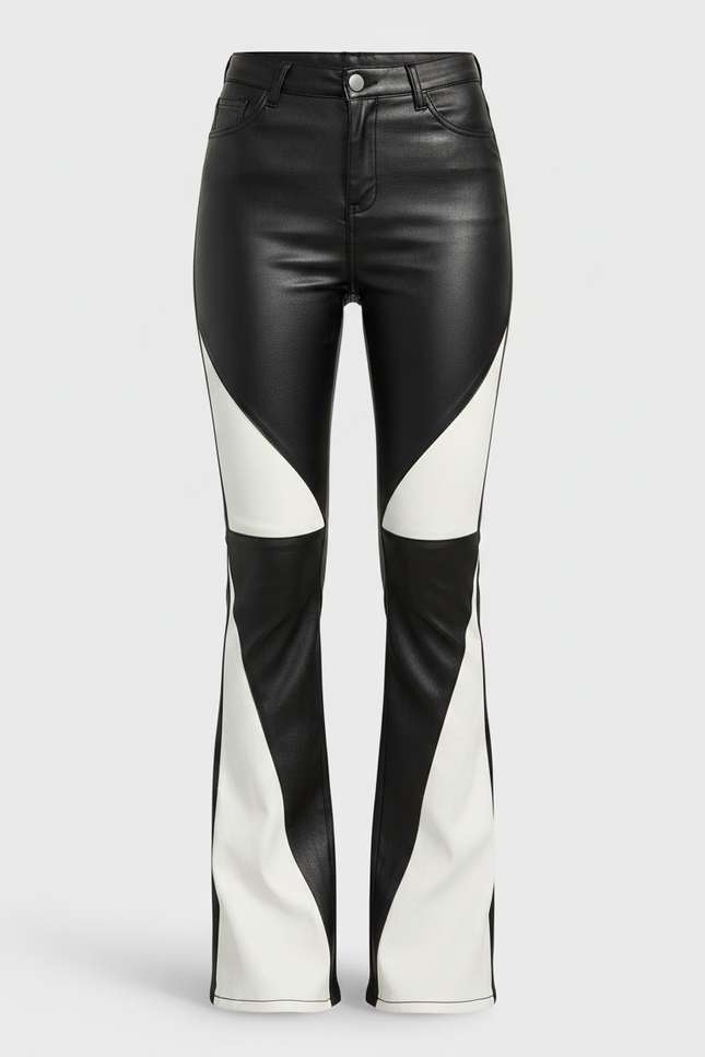 Pantalon Patte D'Éléphant Simili Cuir Noir Blanc Bicolore Évasé - Multicolore - vue 3