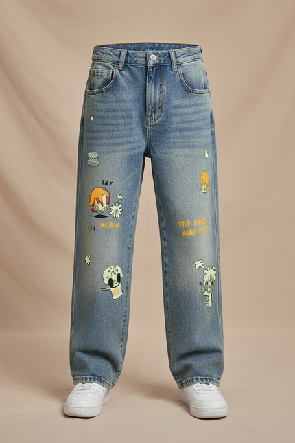 Pantalon Patte D'Éléphant En Denim Clair Ample Imprimé Cartoon - Bleu Jean - vue 3