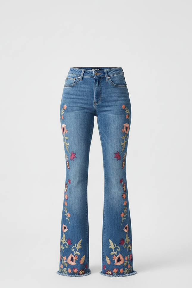 Pantalon Patte D'Éléphant Jean Brodé Floral Frangé Évasé - Bleu - vue 3