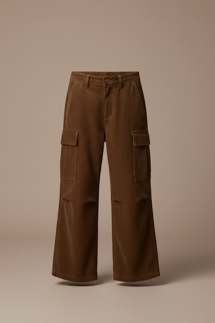 Pantalon Patte D'Éléphant Marron Côtelé Ample Cargo Enfant - Cordé - vue 3