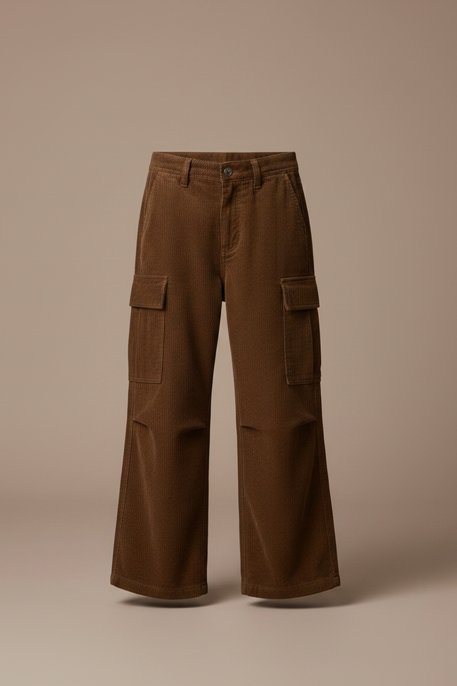 Pantalon Patte D'Éléphant Marron Côtelé Ample Cargo Enfant - Cordé - vue 3
