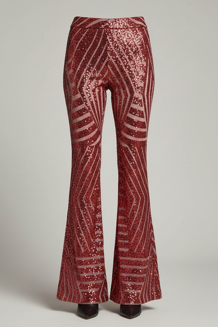 Pantalon Patte D'Éléphant Rouge Pailleté Motif Géométrique Évasé - Maille - vue 3