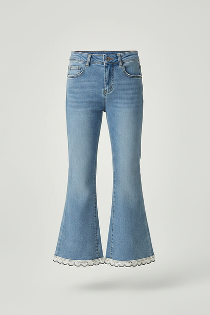 Pantalon Patte D'Éléphant Denim Bleu Clair Dentelle Perles - Jean - vue 3