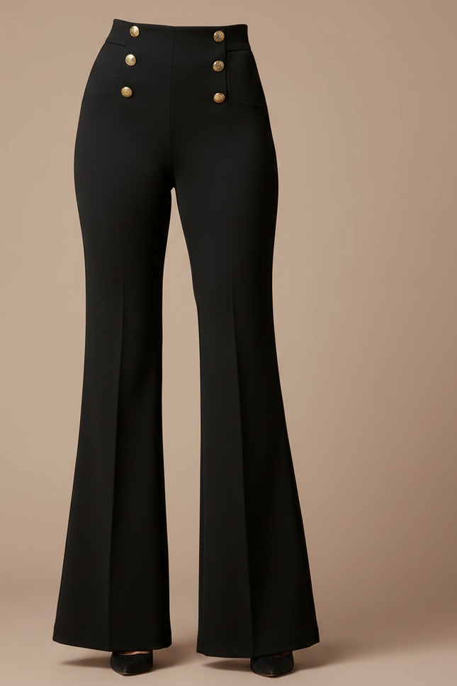 Pantalon Patte D'Éléphant Noir Taille Haute Boutons Dorés Élégant - Gabardine - vue 3