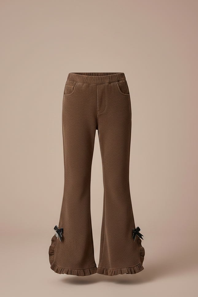 Pantalon Patte D'Éléphant Marron Côtelé Évasé Volants Nœuds - Cordé - vue 3