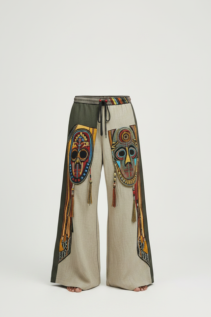 Pantalon Patte D'Éléphant Ethnique Ample Imprimé Masques Africains Décontracté - Beige Lin - vue 3