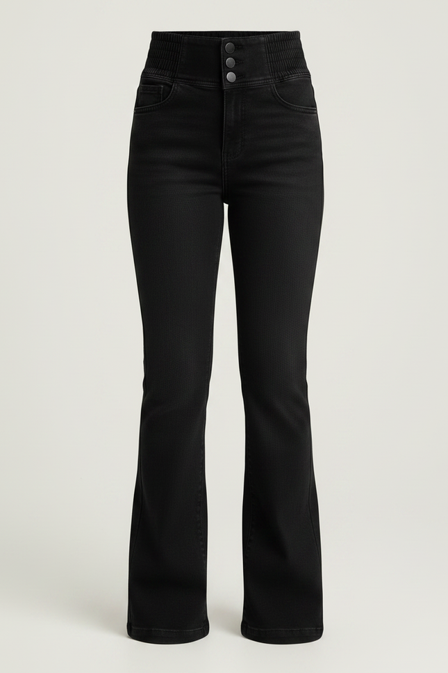 Pantalon Patte D'Éléphant Noir Élasthanne Taille Haute Boutons - Jean - vue 3