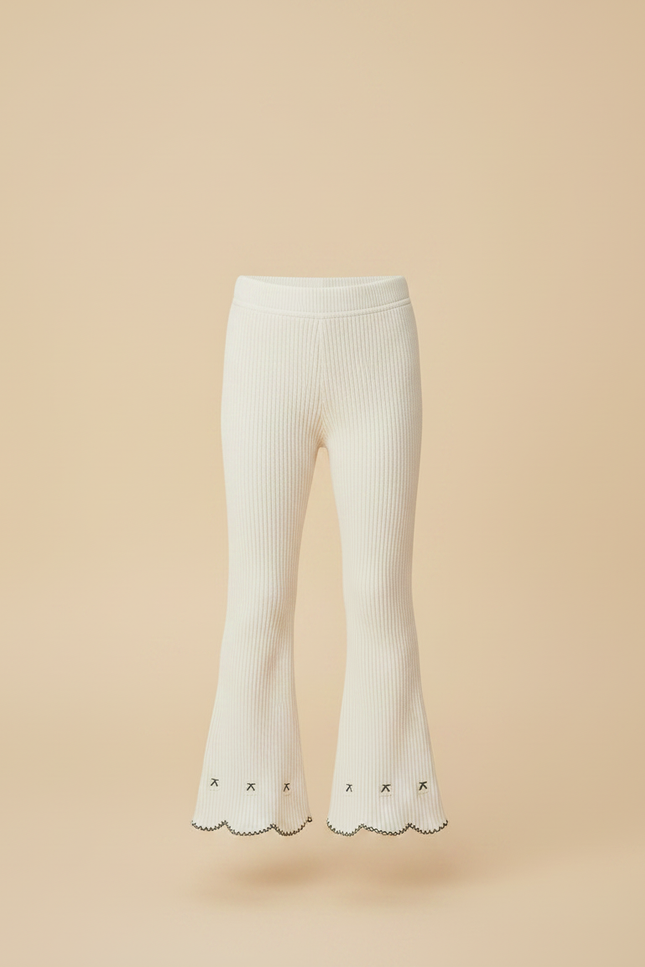 Pantalon Patte D'Éléphant Côtelé Écru Brodé Scallop Fille - Beige Maille - vue 3