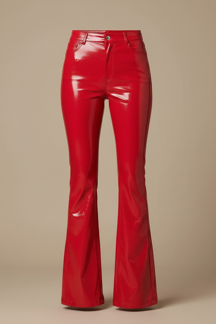 Pantalon Patte D'Éléphant Rouge Brillant Taille Haute Évasé - Simili cuir - vue 3