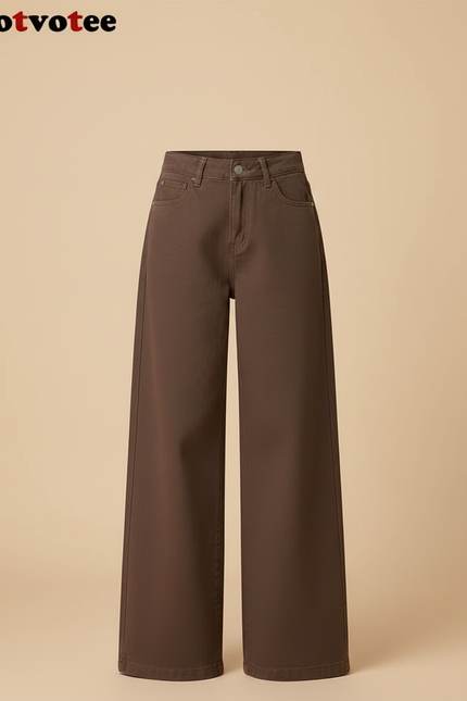 Pantalon Patte D'Éléphant Marron Taille Haute Ample Décontracté - Gabardine - vue 3