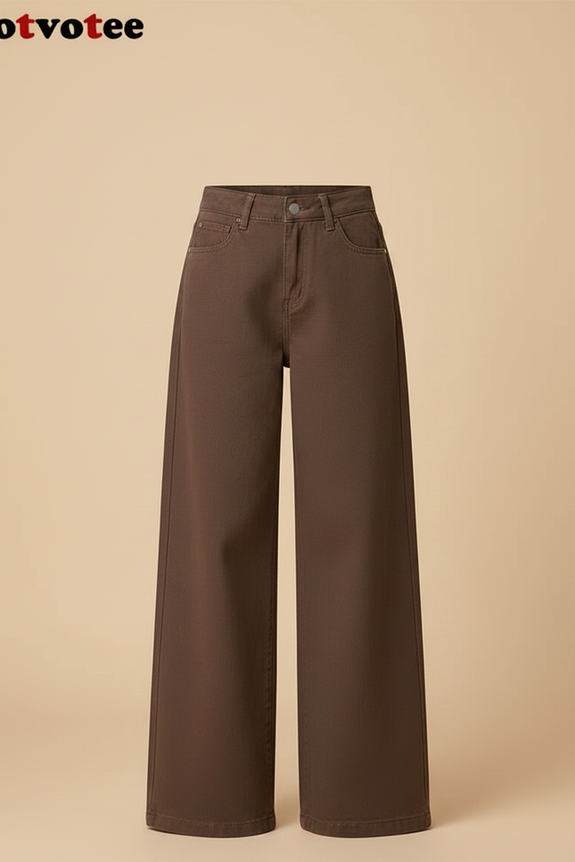 Pantalon Patte D'Éléphant Marron Taille Haute Ample Décontracté - Gabardine - vue 3