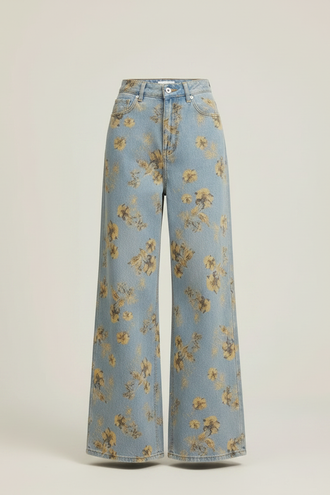 Pantalon Patte D'Éléphant Évasé Bleu Fleuri Vintage Taille Haute - Imprimé Jean - vue 3