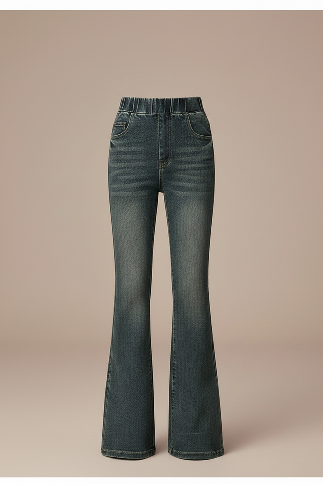 Pantalon Patte D'Éléphant Jean Délavé Taille Haute Élastique - Vert - vue 3