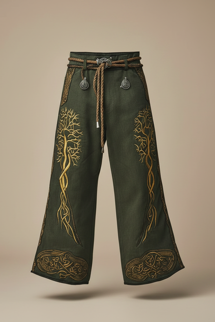 Pantalon Patte D'Éléphant Vert Brodé Arbre Celtique Ample - Cordé - vue 3