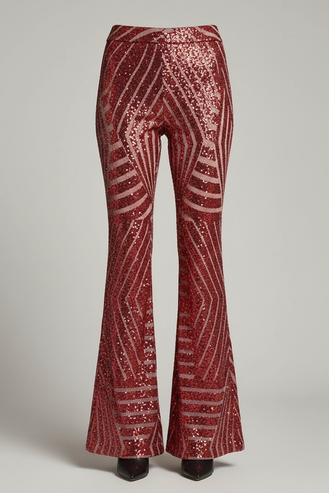 Pantalon Patte D'Éléphant Rouge Pailleté Motif Géométrique Évasé - Maille - vue 3