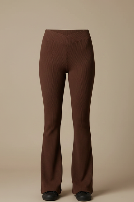 Pantalon Patte D'Éléphant Marron Côtelé Ajusté Taille Haute - Maille - vue 3
