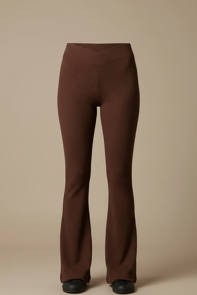 Pantalon Patte D'Éléphant Marron Côtelé Ajusté Taille Haute - Maille - vue 3