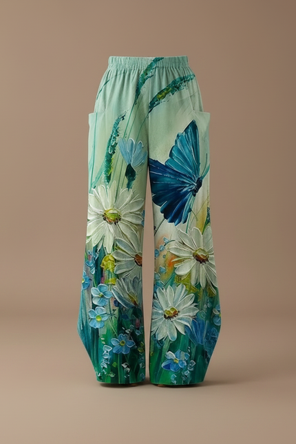 Pantalon Patte D'Éléphant Fluide Imprimé Floral Papillon Vert - Polyester - vue 3