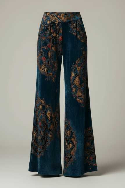 Pantalon Patte D'Éléphant Velours Bleu Imprimé Ethnique Taille Haute - vue 3