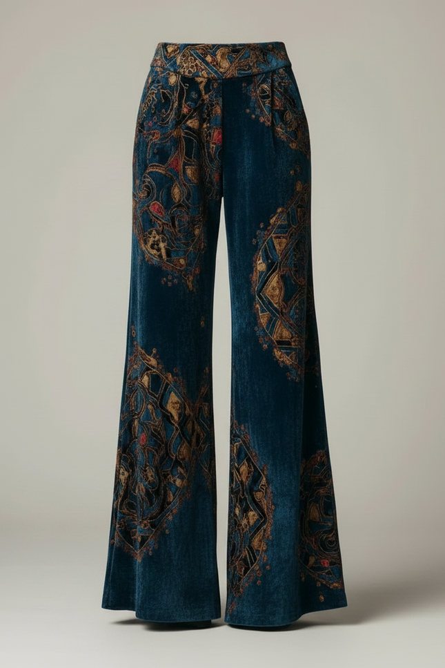 Pantalon Patte D'Éléphant Velours Bleu Imprimé Ethnique Taille Haute - vue 3