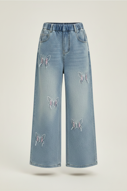 Pantalon Patte D'Éléphant Denim Papillons Brodés Large Fille - Bleu Jean - vue 3