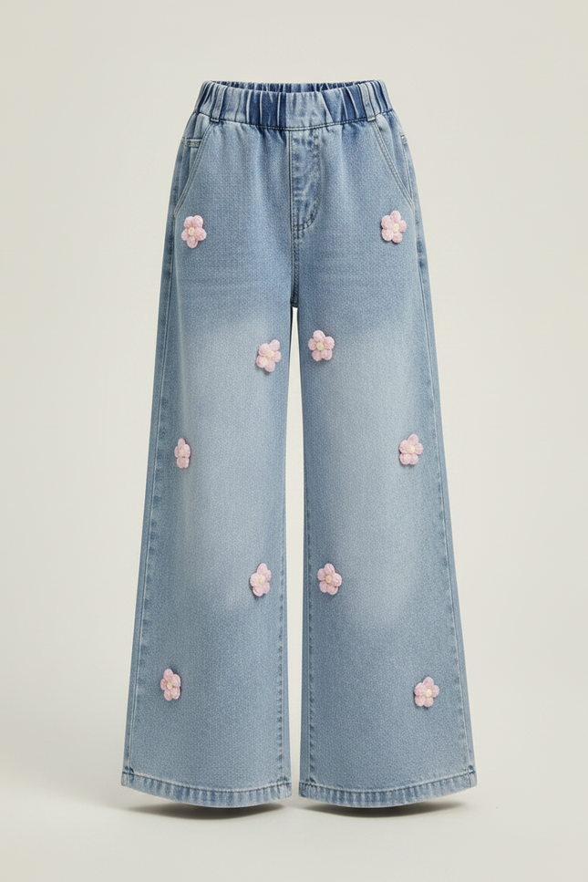 Pantalon Patte D'Éléphant Large Délavé Floral Fille Denim - Bleu Jean - vue 3