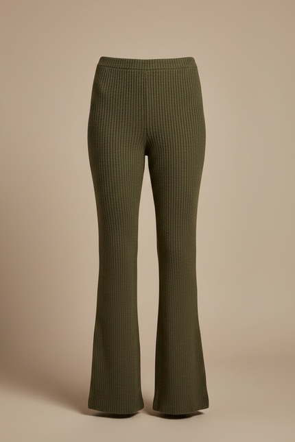 Pantalon Patte D'Éléphant Vert Côtelé Tricoté Confortable Femme - Kaki Maille - vue 3