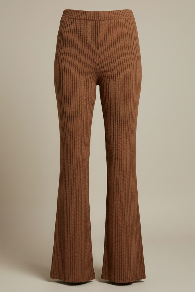 Pantalon Patte D'Éléphant Marron Côtelé Tricoté Confortable Femme - Maille - vue 3