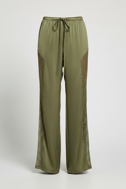 Pantalon Patte D'Éléphant Vert Satiné Dentelle Fluide Élégant - vue 3