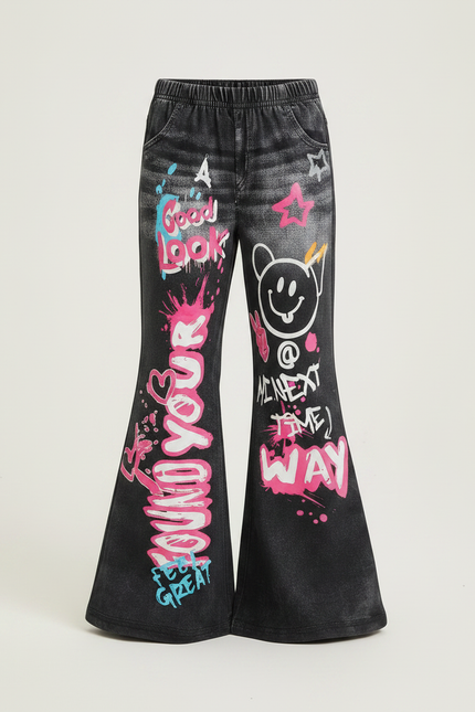Pantalon Patte D'Éléphant Noir Graffiti Imprimé Évasé Fille - Jean - vue 3
